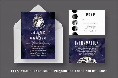 艺术月亮星空元素婚礼贺卡请柬设计模板 To-the-Moon-and-Back-Wedding-Suite