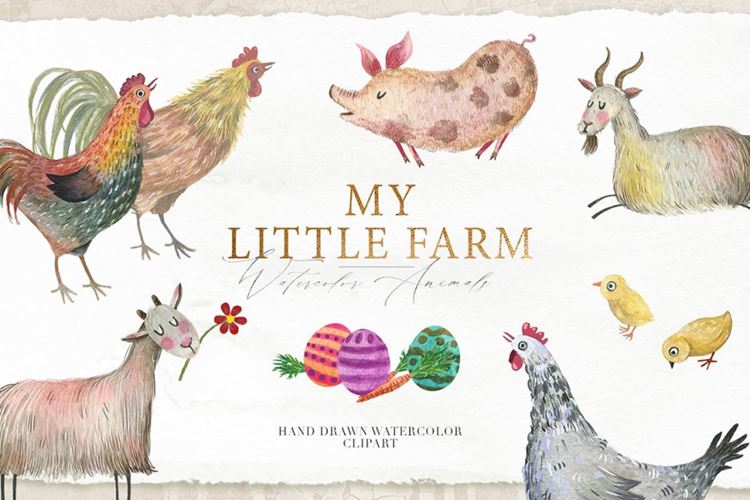 水彩手绘农场家禽动物PNG剪贴画合集包 Hand Drawn