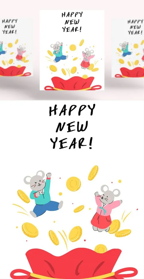 金币喷发的韩式年卡通可爱的鼠年海报模板