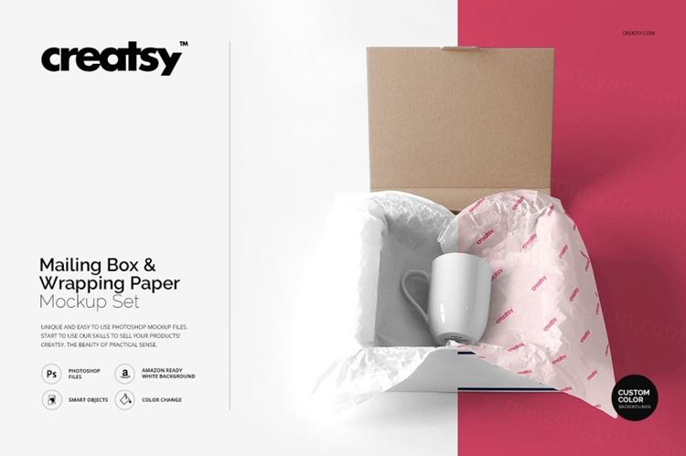包裹纸张和包装纸模型PSD模板 PSD_Mailing_Box_Wrapping_Paper_Mockup