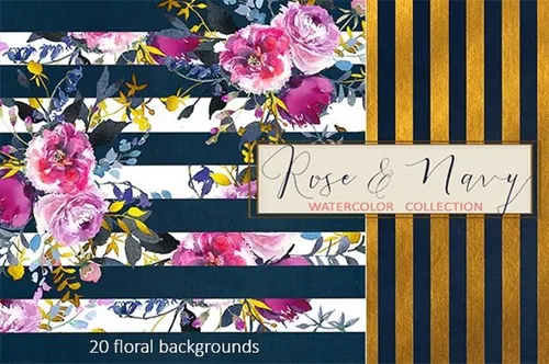 手绘水彩条纹/花卉植物纸素材 Purple  Navy Fl