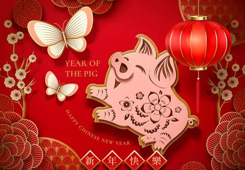 【新年快樂】2019猪年农历新年复古传统迎新纸艺金边元素高清背景素材