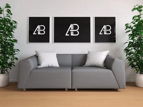 客厅场景相框贴图样机PSD模板Triple Poster In Living Room Mockup