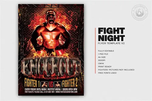 泰拳武术比赛海报传单设计模板 Fight Night Flyer Template V2