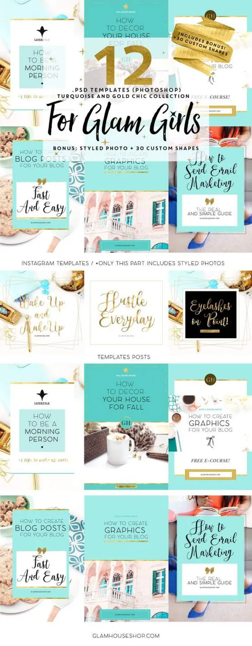 12套女性绿松石烫金社交媒体版式模板素材 TEMPLATES FOR GLAM