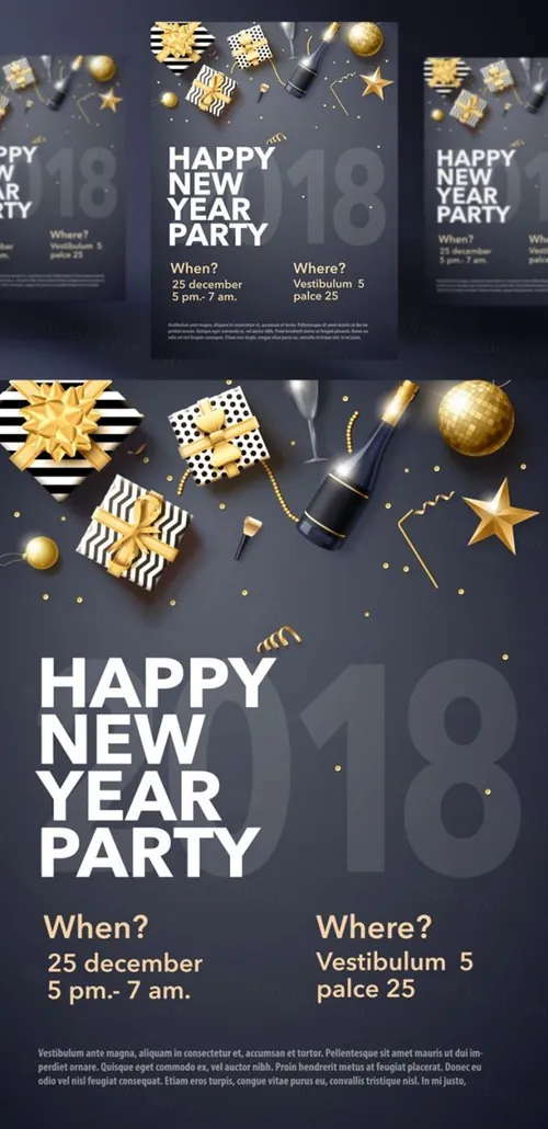 年黑金圣诞节新年快乐矢量插图海报素材 Happy New Year Party