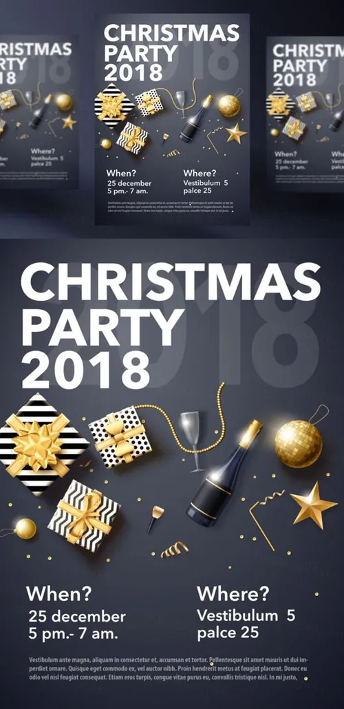 年黑金圣诞节新年快乐矢量插图海报素材 Christmas Party
