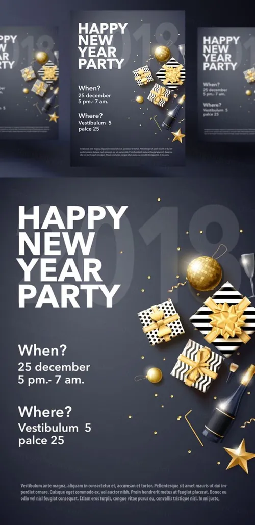 年黑金圣诞节新年快乐矢量插图海报素材 Happy New Year Party