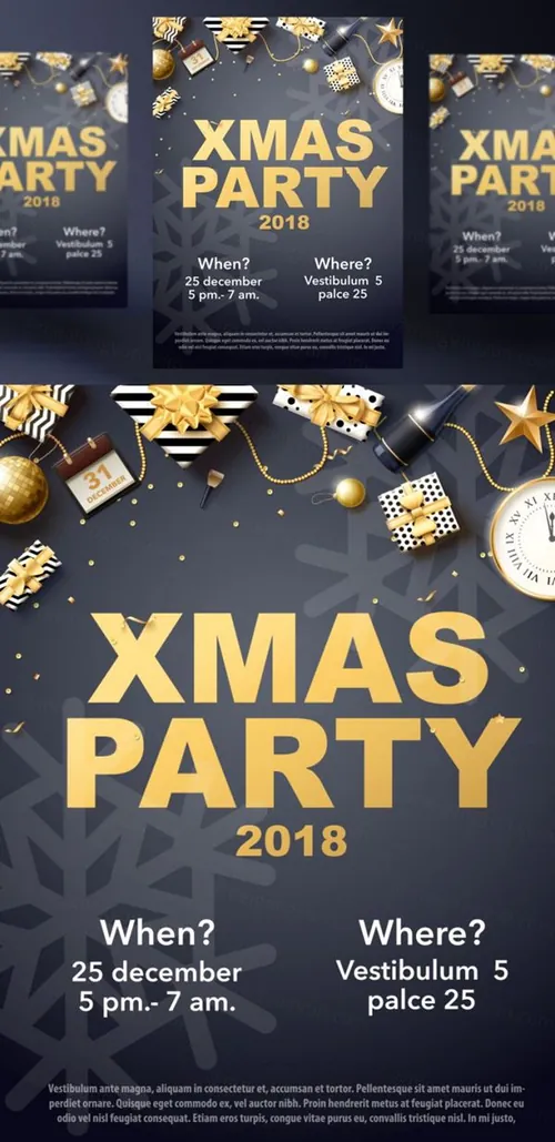 年黑金圣诞节新年快乐矢量插图海报素材 XMAS PARTY