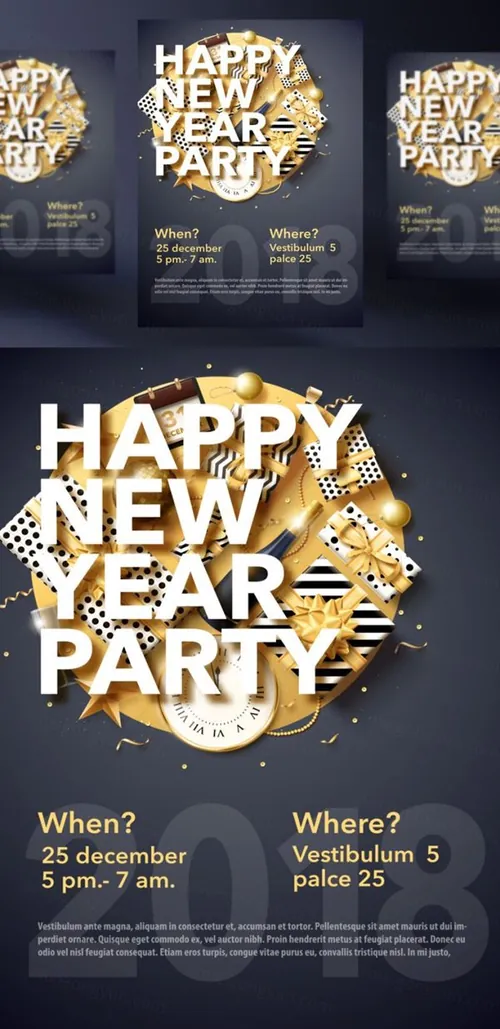 年黑金圣诞节新年快乐矢量插图海报素材 Happy New Year Party