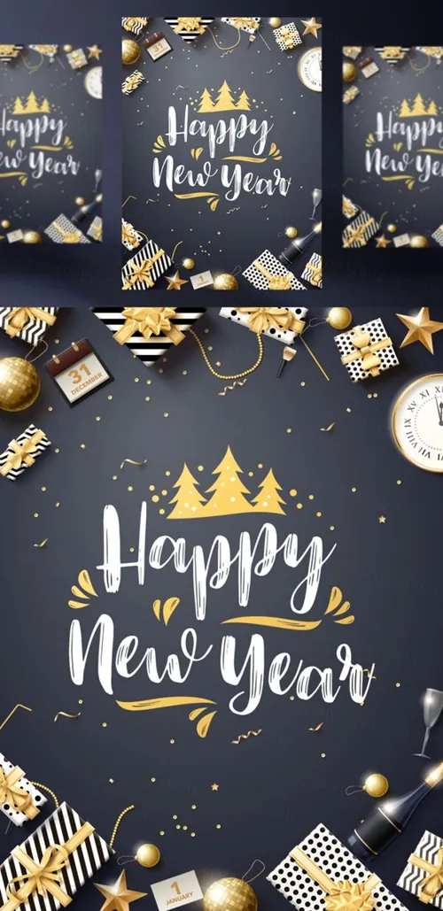 年黑金圣诞节新年快乐矢量插图海报素材 Happy New Year