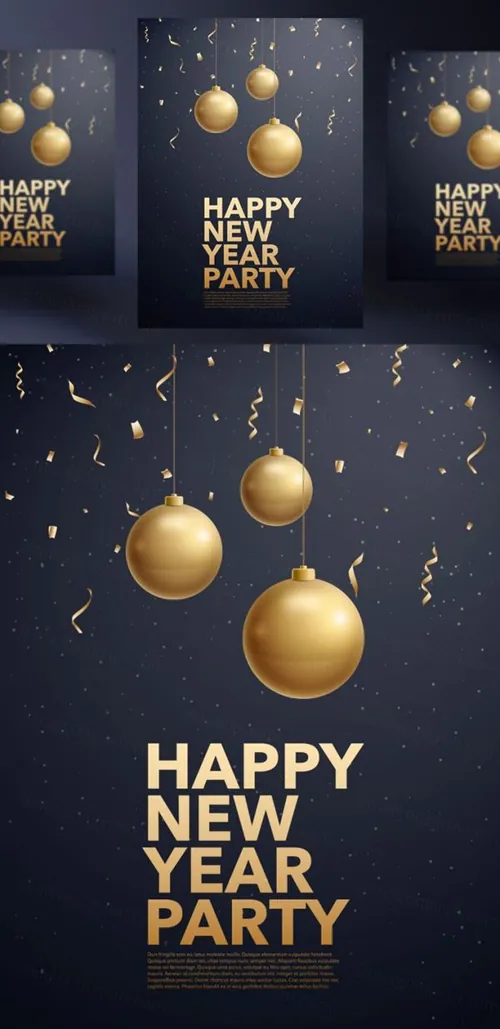 年黑金圣诞节新年快乐矢量插图海报素材 Happy New Year Party