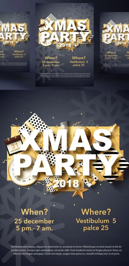 年黑金圣诞节新年快乐矢量插图海报素材 XMAS PARTY