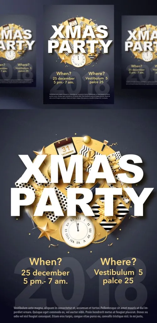 年黑金圣诞节新年快乐矢量插图海报素材 XMAS PARTY