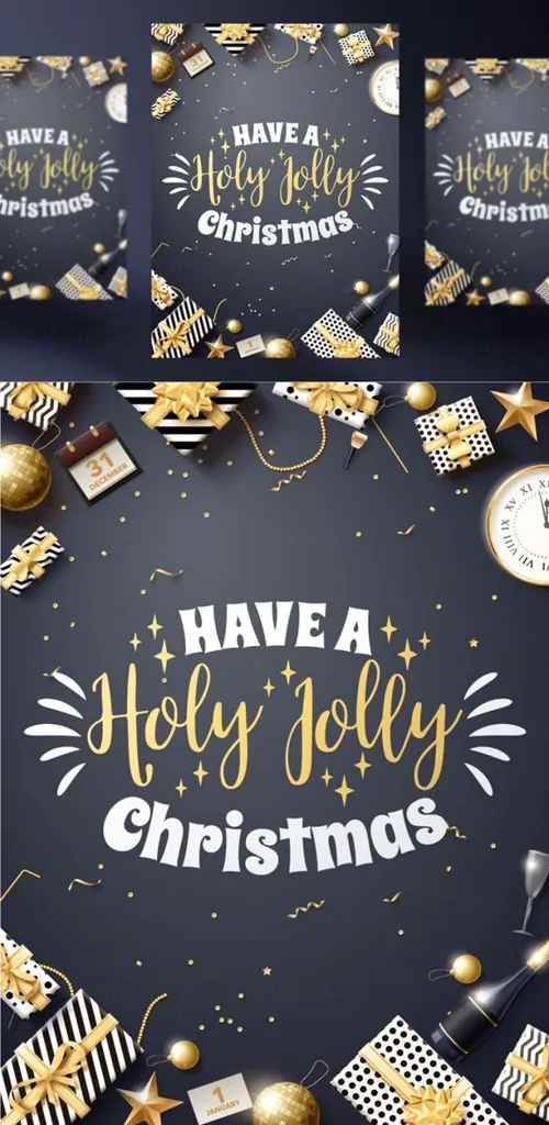 年黑金圣诞节新年快乐矢量插图海报素材 Have A Holy Jolly Christmas