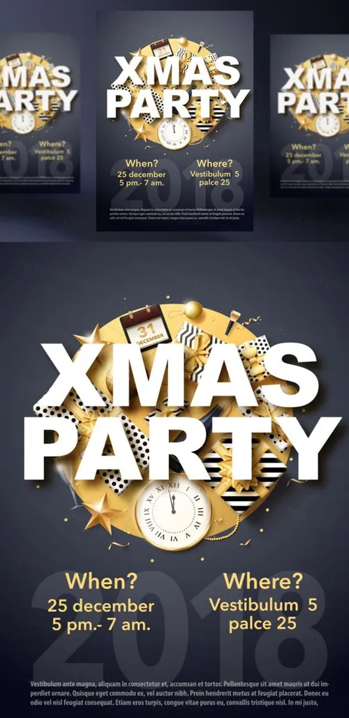 年黑金圣诞节新年快乐矢量插图海报素材 XMAS PARTY