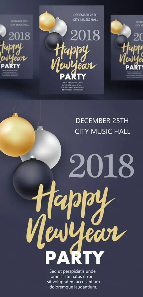 年黑金圣诞节新年快乐矢量插图海报素材 Happy New Year Party