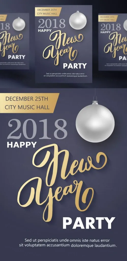 年黑金圣诞节新年快乐矢量插图海报素材 Happy New Year Party