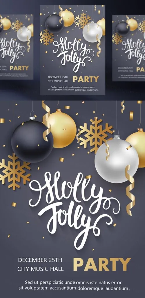 年黑金圣诞节新年快乐矢量插图海报素材 Merry Christmas Party