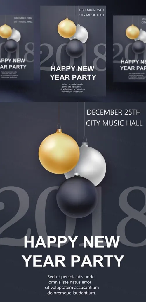 年黑金圣诞节新年快乐矢量插图海报素材 Happy New Year Party