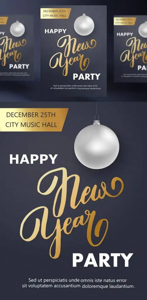 年黑金圣诞节新年快乐矢量插图海报素材 Happy New Year Party