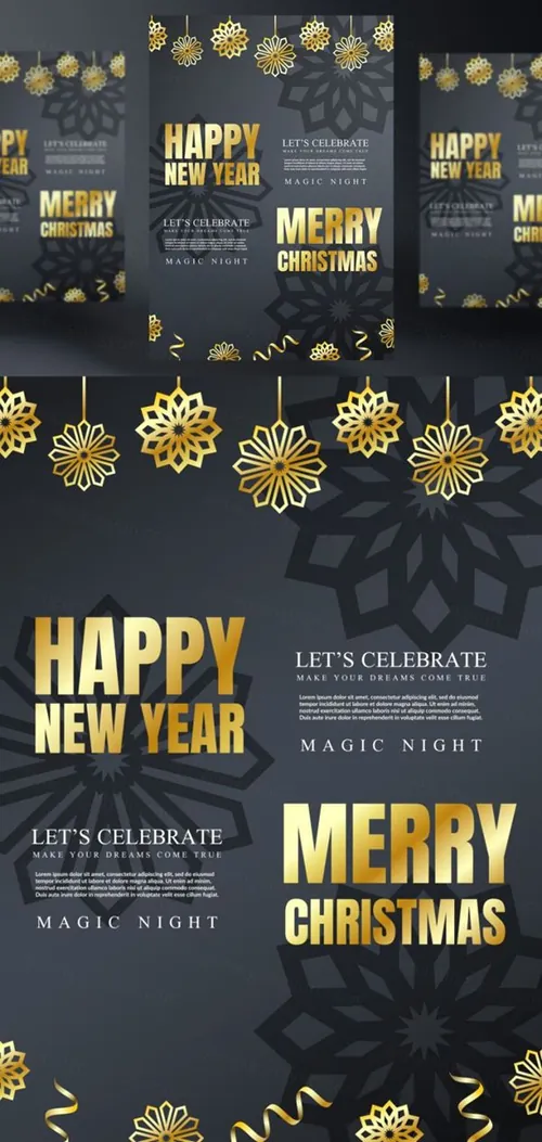 年黑金圣诞节新年快乐矢量插图海报素材 Happy New Year Party