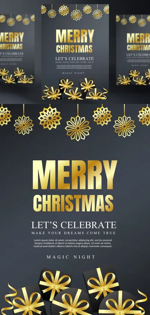 年黑金圣诞节新年快乐矢量插图海报素材 Merry Christmas Party