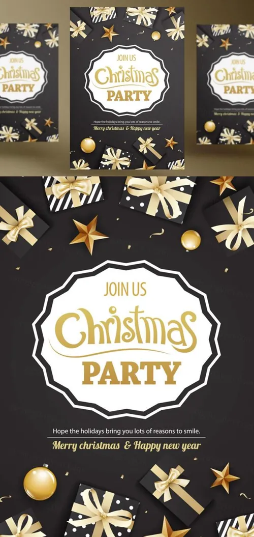 年黑金圣诞节新年快乐矢量插图海报素材 Merry Christmas Party