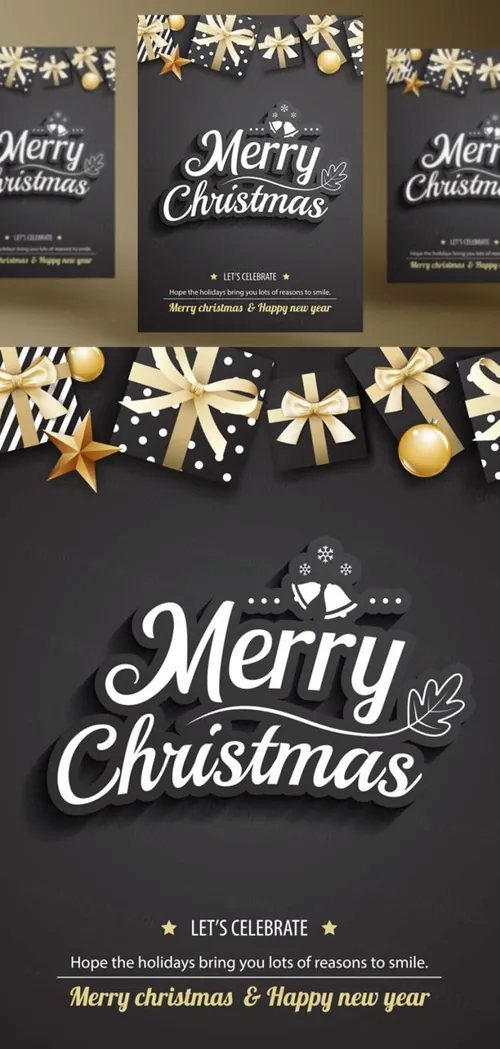 年黑金圣诞节新年快乐矢量插图海报素材 Merry Christmas Party