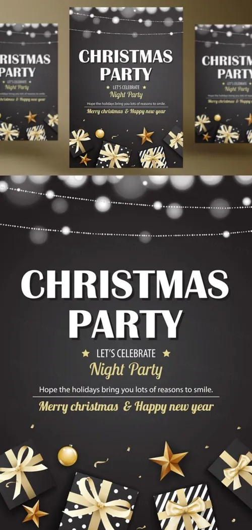 年黑金圣诞节新年快乐矢量插图海报素材 Merry Christmas Party