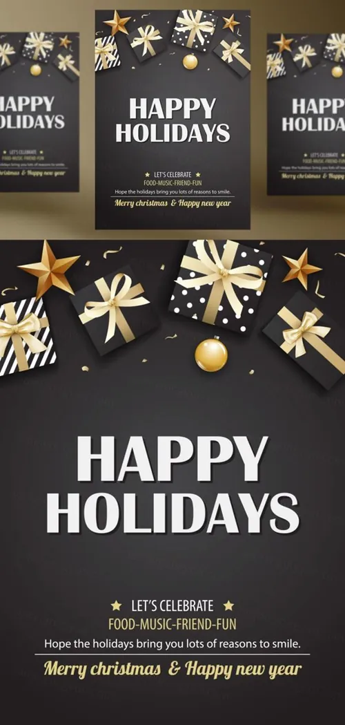 年黑金圣诞节新年快乐矢量插图海报素材 Happy Holiday