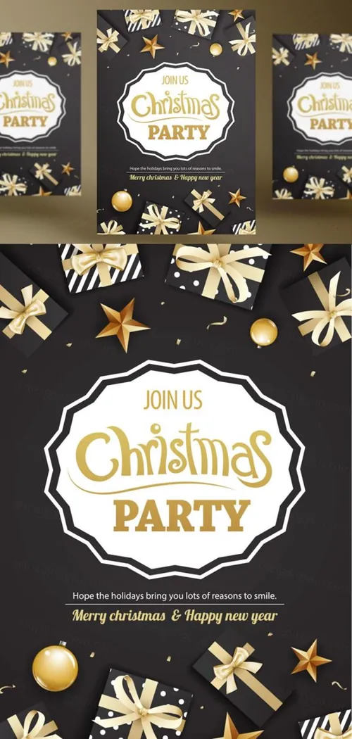 年黑金圣诞节新年快乐矢量插图海报素材 Merry Christmas Party