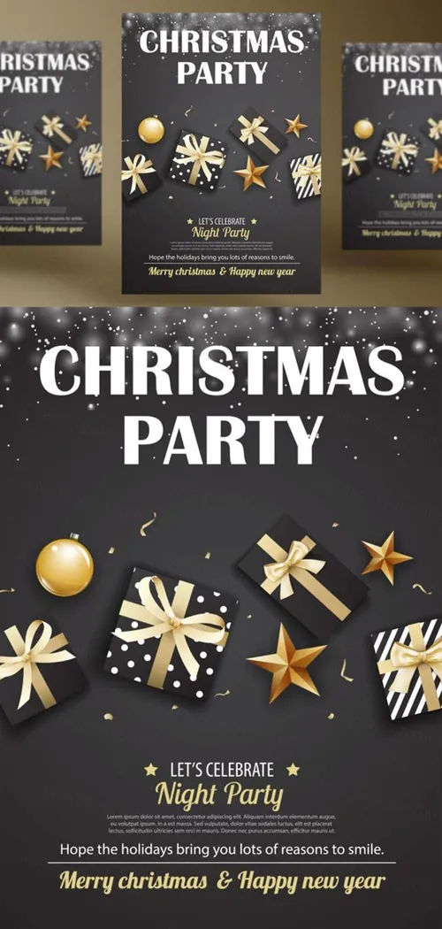 年黑金圣诞节新年快乐矢量插图海报素材 Merry Christmas Party