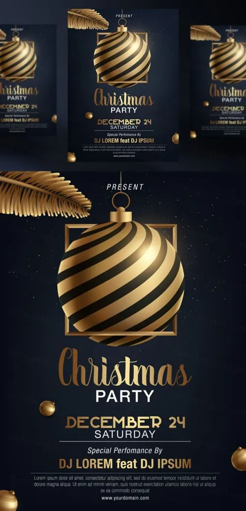 年黑金圣诞节新年快乐矢量插图海报素材 Merry Christmas Party