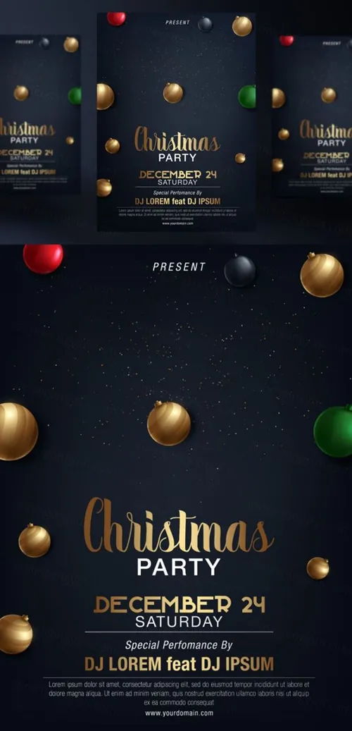 年黑金圣诞节新年快乐矢量插图海报素材 Merry Christmas Party