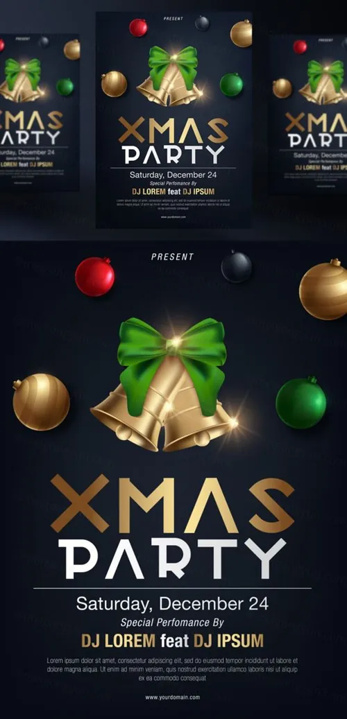 年黑金圣诞节新年快乐矢量插图海报素材 XMAS PARTY