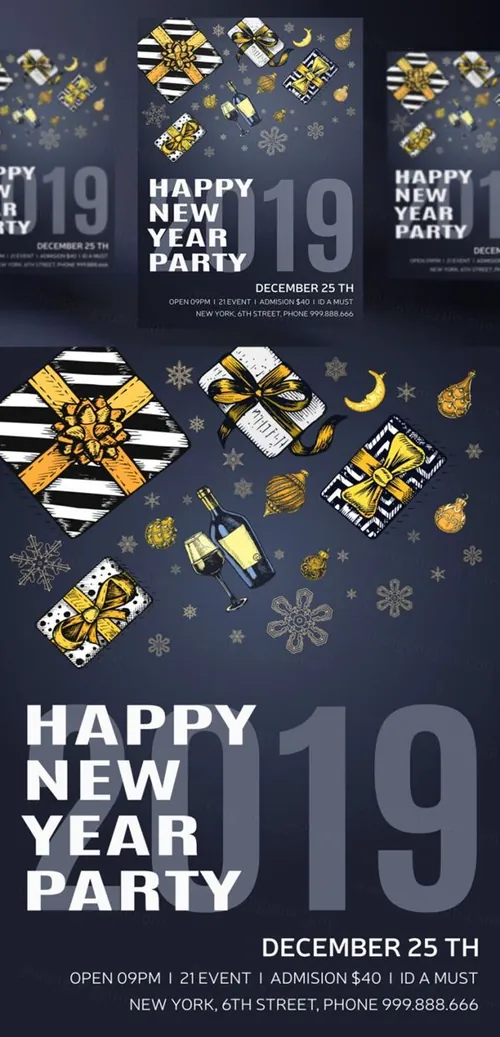 年黑金圣诞节新年快乐矢量插图海报素材 Happy New Year Party