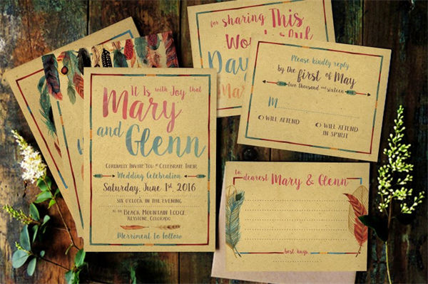 手绘水彩羽毛元素婚礼请柬贺卡设计模板 Feather-Watercolor-Wedding-Suite