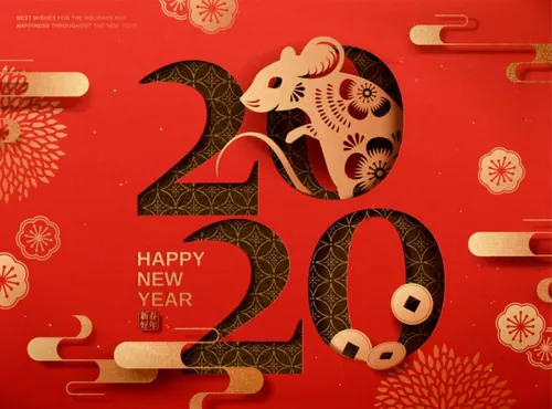 中国红烟花春节新年韩式年卡通可爱风格鼠年海报模板