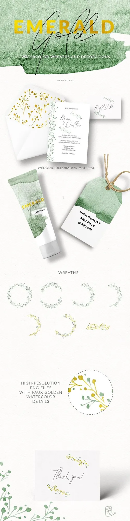手绘水彩翡翠绿植物花卉花环设计素材 Emerald-Gold