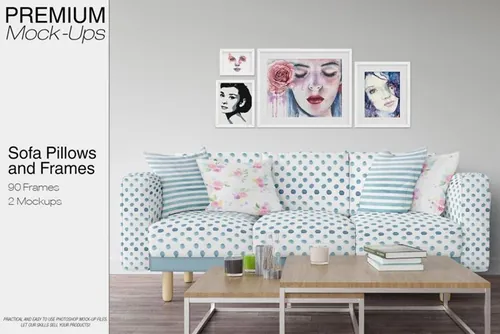 沙发和相框场景展示样机 Sofa , Pillows  Frames Mockup Pack