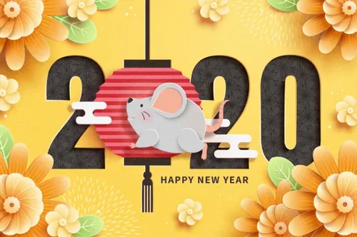 黄色花朵春节新年韩式年卡通可爱风格鼠年海报模板