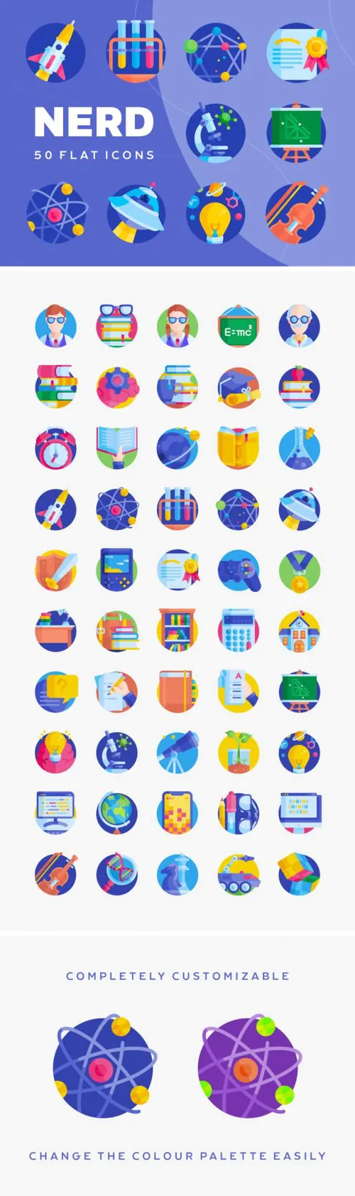 50个学校数学化学物理科学元素扁平化图标合集包免费下载 Nerd Fl