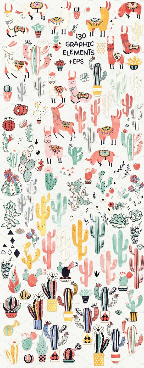 矢量手绘有趣的墨西哥风格装饰插图素材  elements-l