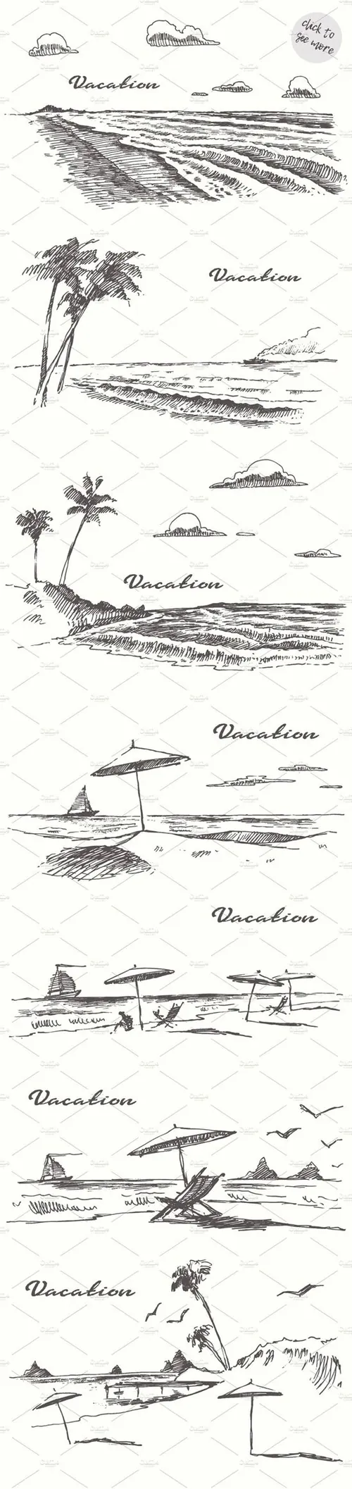 手绘海边日落素描矢量插图 Set-of-sketches-o