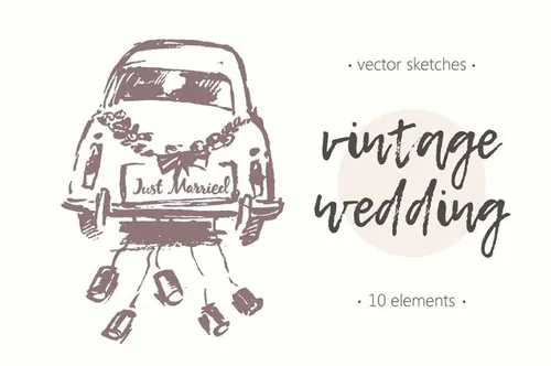 手绘婚纱车素描插图素材 Wedding-old-fashio