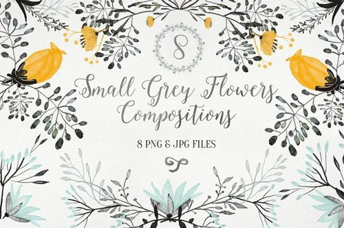 简约水墨手绘花卉花圈装饰素材 Small-Grey-Flow