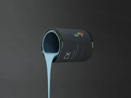 倾倒正在流出油漆颜料的罐装包装设计贴图样机模板 Pouring Paint Metal Bucket Mockup