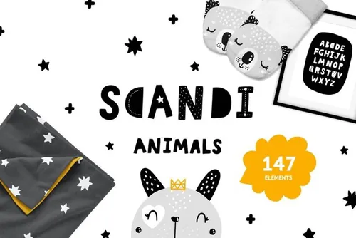 北欧斯堪的纳维亚风格单色幼稚园动物插画素材 Scandina