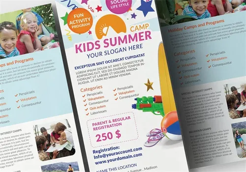 儿童夏令营培训班海报宣传册DM单设计模板 kids-summer-camp-rack-card-and-voucher...